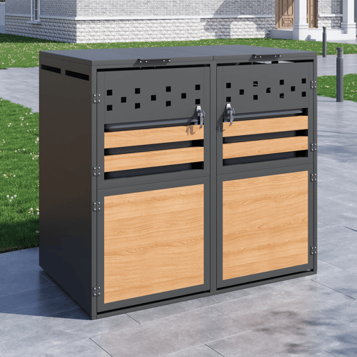 Caixa para lixo 132x80x118 cm - Com tampa rebatível, compartimentos para armazenamento de lixo, com fechadura, duas portas, recortes em forma de losango, painéis de madeira com veios horizontais - Cinza, Madeira