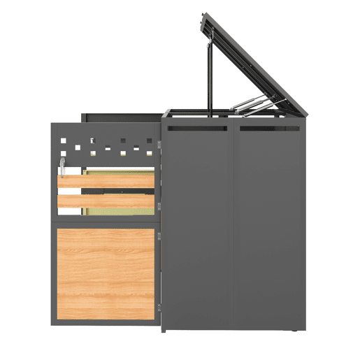 Caixa para lixo 132x80x118 cm - Com tampa rebatível, compartimentos para armazenamento de lixo, com fechadura, duas portas, recortes em forma de losango, painéis de madeira com veios horizontais - Cinza, Madeira