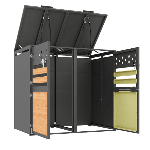 Caixa para lixo 132x80x118 cm - Com tampa rebatível, compartimentos para armazenamento de lixo, com fechadura, duas portas, recortes em forma de losango, painéis de madeira com veios horizontais - Cinza, Madeira