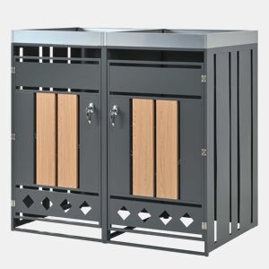 Caixa de lixo - Compartimentos de armazenamento - Fechável, Duas portas, Área de plantação, Painel da porta com veios verticais de madeira, Rodapé oco em forma de diamante - Cinza, Madeira