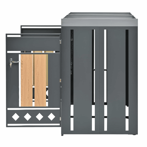 Caixa de lixo - Compartimentos de armazenamento - Fechável, Duas portas, Área de plantação, Painel da porta com veios verticais de madeira, Rodapé oco em forma de diamante - Cinza, Madeira