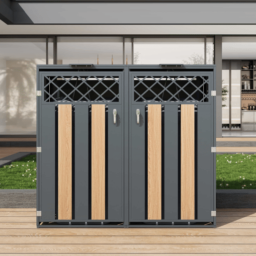 Contentor de lixo exterior 132x80x118,5 cm - com tampa basculante, ventilação em forma de losango, compartimentos para resíduos, com fechadura, duas portas - cinzento e madeira