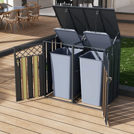 Contentor de lixo exterior 132x80x118,5 cm - com tampa basculante, ventilação em forma de losango, compartimentos para resíduos, com fechadura, duas portas - cinzento e madeira