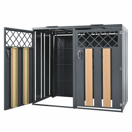 Contentor de lixo exterior 132x80x118,5 cm - com tampa basculante, ventilação em forma de losango, compartimentos para resíduos, com fechadura, duas portas - cinzento e madeira