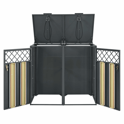 Contentor de lixo exterior 132x80x118,5 cm - com tampa basculante, ventilação em forma de losango, compartimentos para resíduos, com fechadura, duas portas - cinzento e madeira