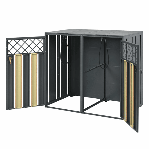 Contentor de lixo exterior 132x80x118,5 cm - com tampa basculante, ventilação em forma de losango, compartimentos para resíduos, com fechadura, duas portas - cinzento e madeira