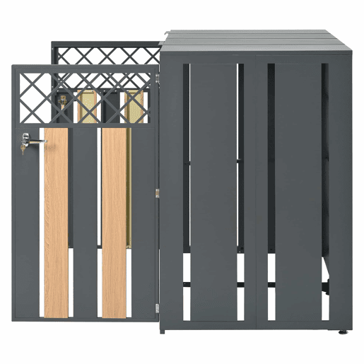 Contentor de lixo exterior 132x80x118,5 cm - com tampa basculante, ventilação em forma de losango, compartimentos para resíduos, com fechadura, duas portas - cinzento e madeira