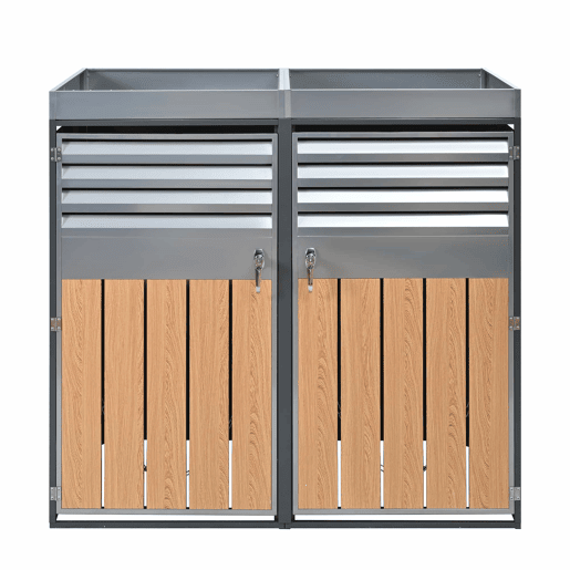 Contentor do lixo 132x80x124,5 cm - com ventilação de ripas, com fechadura, 2 portas, área para plantas - CinzaMadeira