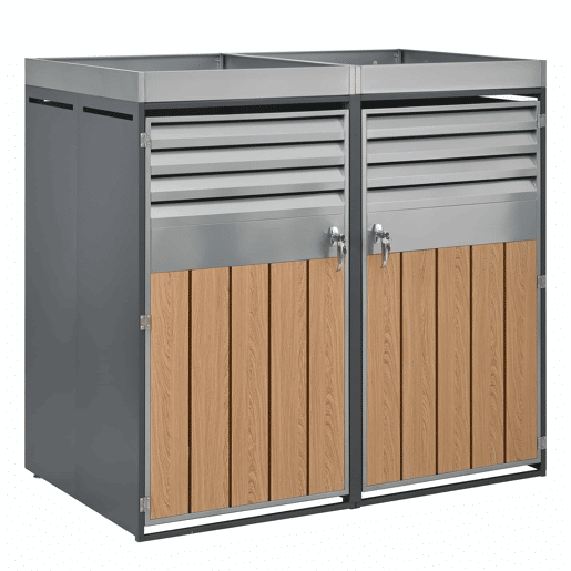 Contentor do lixo 132x80x124,5 cm - com ventilação de ripas, com fechadura, 2 portas, área para plantas - CinzaMadeira