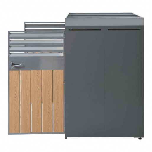 Contentor do lixo 132x80x124,5 cm - com ventilação de ripas, com fechadura, 2 portas, área para plantas - CinzaMadeira