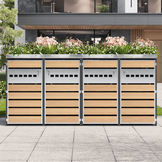 Caixa de lixo com ventilação - 4 portas, compartimentos de armazenamento, com fechadura, área para plantas - Cinza, Madeira