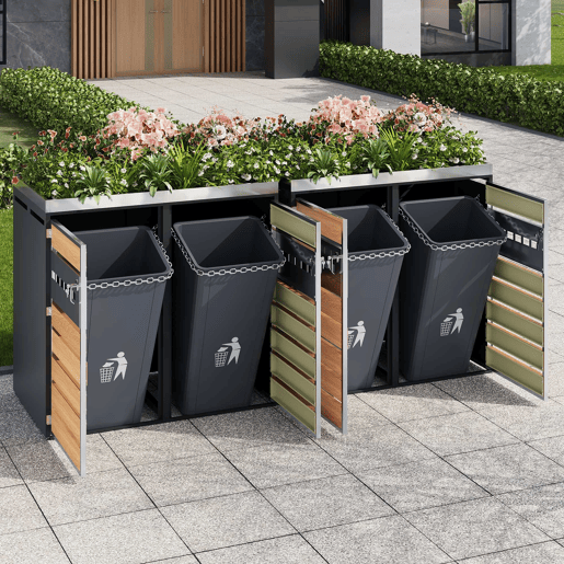Caixa de lixo com ventilação - 4 portas, compartimentos de armazenamento, com fechadura, área para plantas - Cinza, Madeira