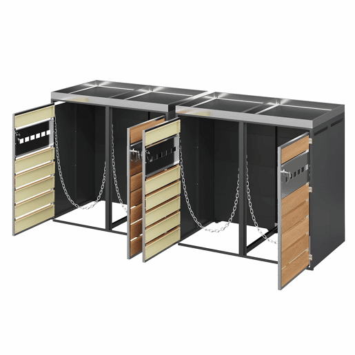 Caixa de lixo com ventilação - 4 portas, compartimentos de armazenamento, com fechadura, área para plantas - Cinza, Madeira