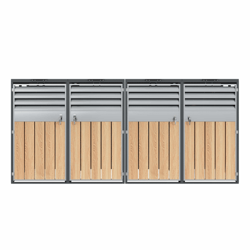 Contentor do lixo 132x80x118 cm - com tampa basculante, ventilação com ripas, compartimentos para lixo, com fechadura, quatro portas - Cinza, Madeira