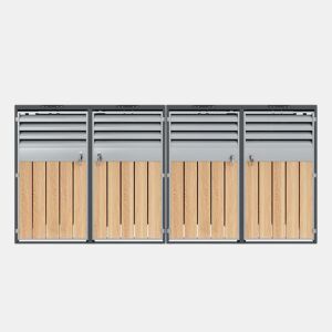 Contentor do lixo 132x80x118 cm - com tampa basculante, ventilação com ripas, compartimentos para lixo, com fechadura, quatro portas - Cinza, Madeira