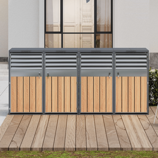 Contentor do lixo 132x80x118 cm - com tampa basculante, ventilação com ripas, compartimentos para lixo, com fechadura, quatro portas - Cinza, Madeira