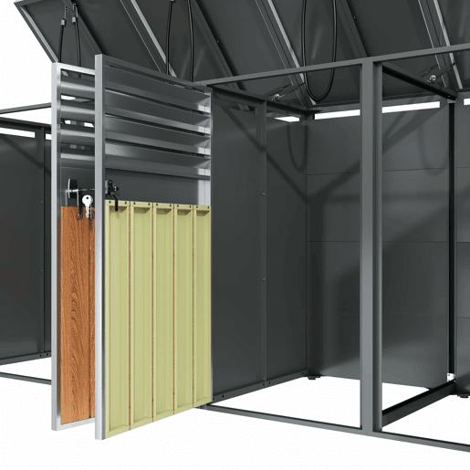 Contentor do lixo 132x80x118 cm - com tampa basculante, ventilação com ripas, compartimentos para lixo, com fechadura, quatro portas - Cinza, Madeira