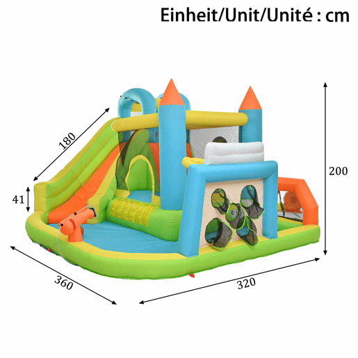 Castelo insuflável para crianças 360x320x200 cm - Com escorrega, área de salto, piscina, rede de futebol e aro de basquetebol - Cores vivas