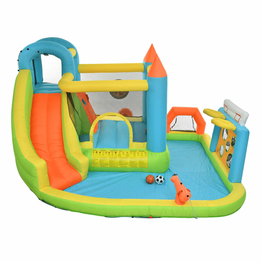 Castelo insuflável para crianças 360x320x200 cm - Com escorrega, área de salto, piscina, rede de futebol e aro de basquetebol - Cores vivas