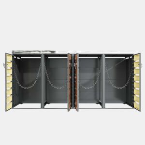 Caixa para lixo - Quatro portas, com painéis horizontais de madeira, compartimentos para armazenamento de lixo, fechadura, área para plantas, painel da porta com padrão de diamantes - Cinza, Madeira