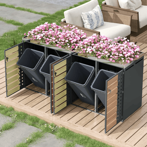 Caixa para lixo - Quatro portas, com painéis horizontais de madeira, compartimentos para armazenamento de lixo, fechadura, área para plantas, painel da porta com padrão de diamantes - Cinza, Madeira