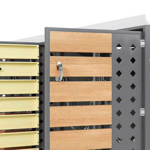 Caixa para lixo - Quatro portas, com painéis horizontais de madeira, compartimentos para armazenamento de lixo, fechadura, área para plantas, painel da porta com padrão de diamantes - Cinza, Madeira