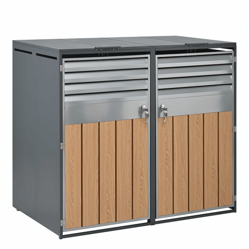 Contentor do lixo 132x80x118,5 cm - com tampa basculante, ventilação com ripas, compartimentos para lixo, com fechadura, duas portas - Cinza, Madeira