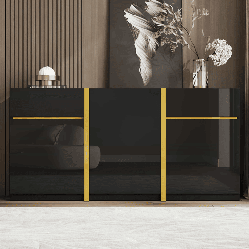 Aparador luxuoso - 3 portas e 2 gavetas - Acabamento lacado brilhante - Estilo moderno - Ideal para sala de estar, sala de jantar e entrada - Cor preta