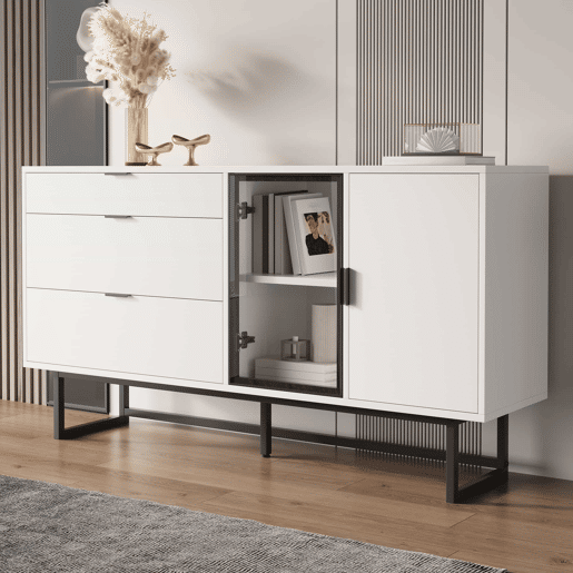 Aparador vitrina - 3 gavetas, portas de vidro, faixa LED, estilo moderno luxuoso - Branco