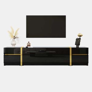 Móvel de TV 180 cm - Acabamento alto brilho, bordas douradas, com gavetas e portas, estilo moderno, grande capacidade de armazenamento - Preto