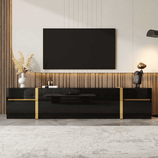 Móvel de TV 180 cm - Acabamento alto brilho, bordas douradas, com gavetas e portas, estilo moderno, grande capacidade de armazenamento - Preto