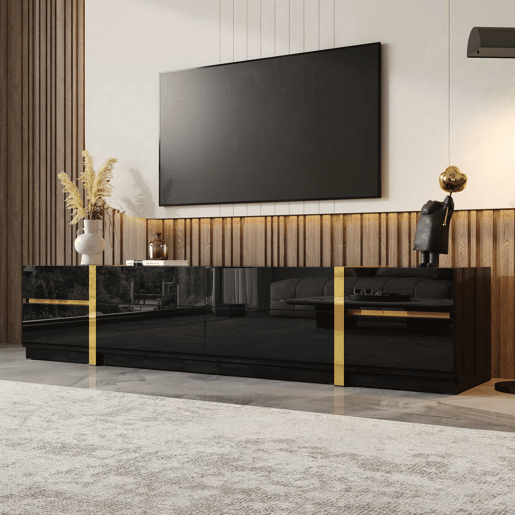 Móvel de TV 180 cm - Acabamento alto brilho, bordas douradas, com gavetas e portas, estilo moderno, grande capacidade de armazenamento - Preto