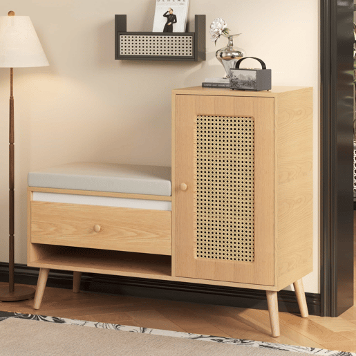 Sapateira com banco de entrada - Rattan, com almofada de assento, gavetas e compartimentos abertos, 1 porta - Natural