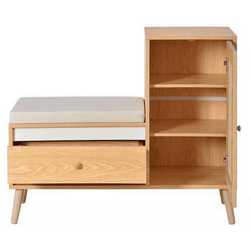Sapateira com banco de entrada - Rattan, com almofada de assento, gavetas e compartimentos abertos, 1 porta - Natural