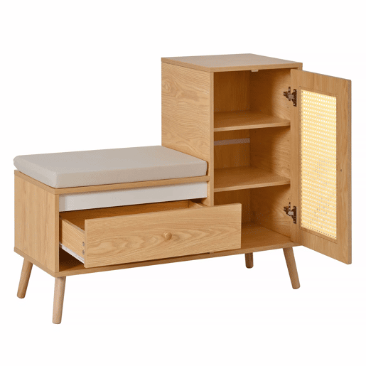 Sapateira com banco de entrada - Rattan, com almofada de assento, gavetas e compartimentos abertos, 1 porta - Natural