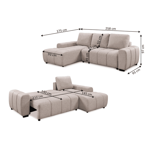 Sofá-cama Nuvola Chaise Longue com arrumação, 258 cm, bege, chaise à direita.