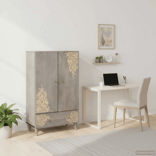 Aparador - Bufete - Móvel de apoio Cinza e Ouro 60 x 33 x 100 cm Madeira de manga maciça pt378