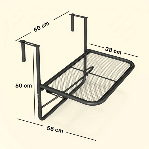 Outsunny Mesa Suspensa para Varanda com Braço Regulável e Altura Ajustável em 3 Posições Estrutura de Metal Carga Máxima 30 kg 60x56,5x45 cm Preto