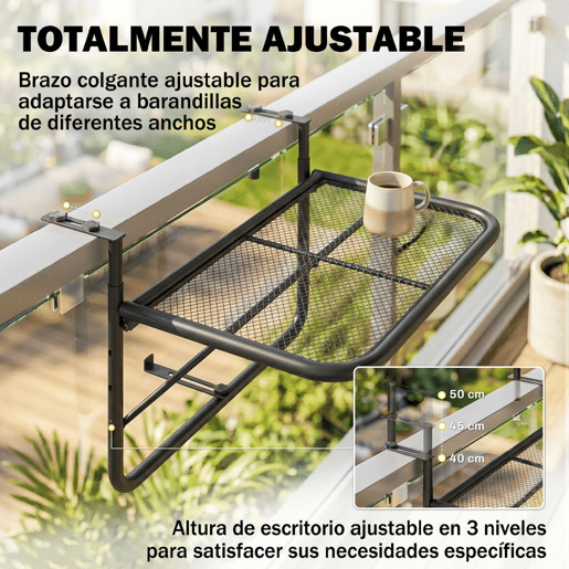 Outsunny Mesa Suspensa para Varanda com Braço Regulável e Altura Ajustável em 3 Posições Estrutura de Metal Carga Máxima 30 kg 60x56,5x45 cm Preto