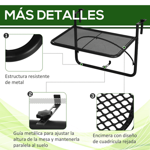 Outsunny Mesa Suspensa para Varanda com Braço Regulável e Altura Ajustável em 3 Posições Estrutura de Metal Carga Máxima 30 kg 60x56,5x45 cm Preto