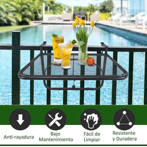 Outsunny Mesa Suspensa para Varanda com Braço Regulável e Altura Ajustável em 3 Posições Estrutura de Metal Carga Máxima 30 kg 60x56,5x45 cm Preto