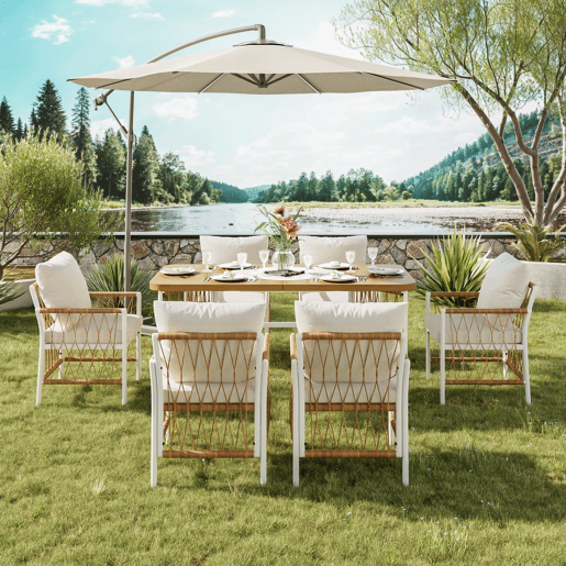 Conjunto de jardim exterior para várias pessoas - estrutura em ferro, braços trançados, almofadas incluídas - begecastanhonatural