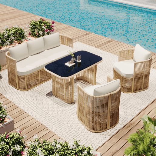 Conjunto de móveis de jardim de 5 peças (sofá de 3 lugares + 2 poltronas + mesa com tampo de vidro) - Rattan PE, estrutura de aço, almofadas de poliéster e vidro temperado - BegePretoBranco