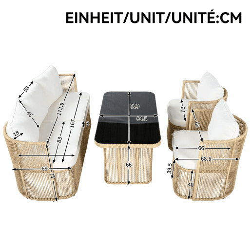 Conjunto de móveis de jardim de 5 peças (sofá de 3 lugares + 2 poltronas + mesa com tampo de vidro) - Rattan PE, estrutura de aço, almofadas de poliéster e vidro temperado - BegePretoBranco