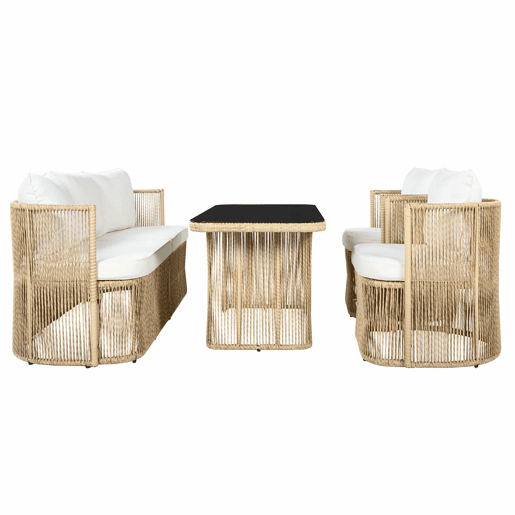Conjunto de móveis de jardim de 5 peças (sofá de 3 lugares + 2 poltronas + mesa com tampo de vidro) - Rattan PE, estrutura de aço, almofadas de poliéster e vidro temperado - BegePretoBranco