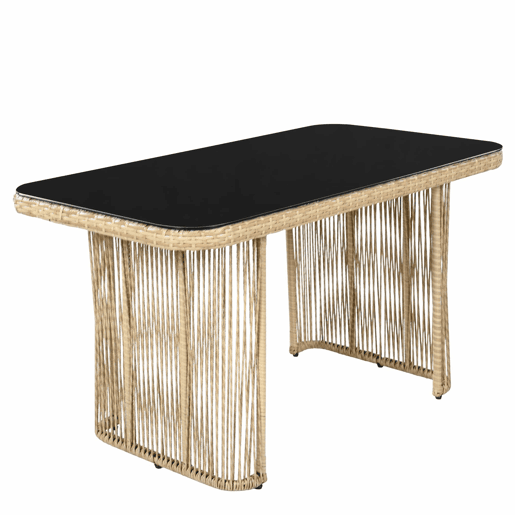 Conjunto de móveis de jardim de 5 peças (sofá de 3 lugares + 2 poltronas + mesa com tampo de vidro) - Rattan PE, estrutura de aço, almofadas de poliéster e vidro temperado - BegePretoBranco