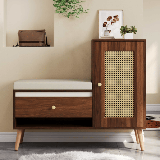 Sapateira com banco 95,5x35x80,5 cm - Rattan, com almofada, gavetas e prateleiras abertas, 1 porta - Nogueira
