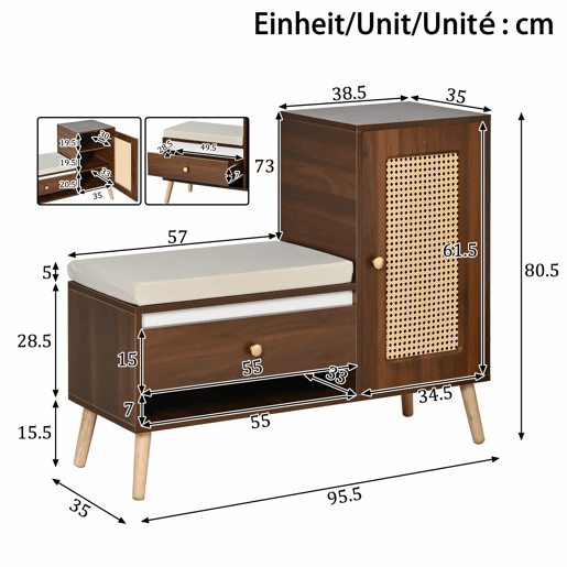 Sapateira com banco 95,5x35x80,5 cm - Rattan, com almofada, gavetas e prateleiras abertas, 1 porta - Nogueira