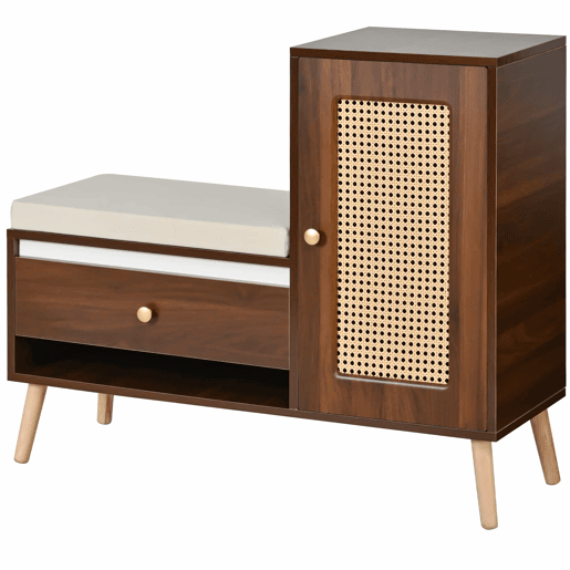 Sapateira com banco 95,5x35x80,5 cm - Rattan, com almofada, gavetas e prateleiras abertas, 1 porta - Nogueira