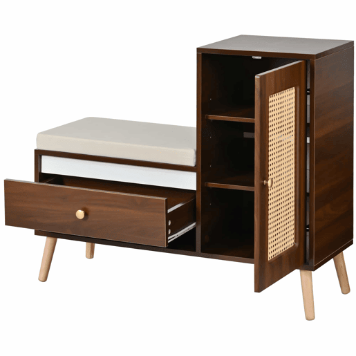 Sapateira com banco 95,5x35x80,5 cm - Rattan, com almofada, gavetas e prateleiras abertas, 1 porta - Nogueira
